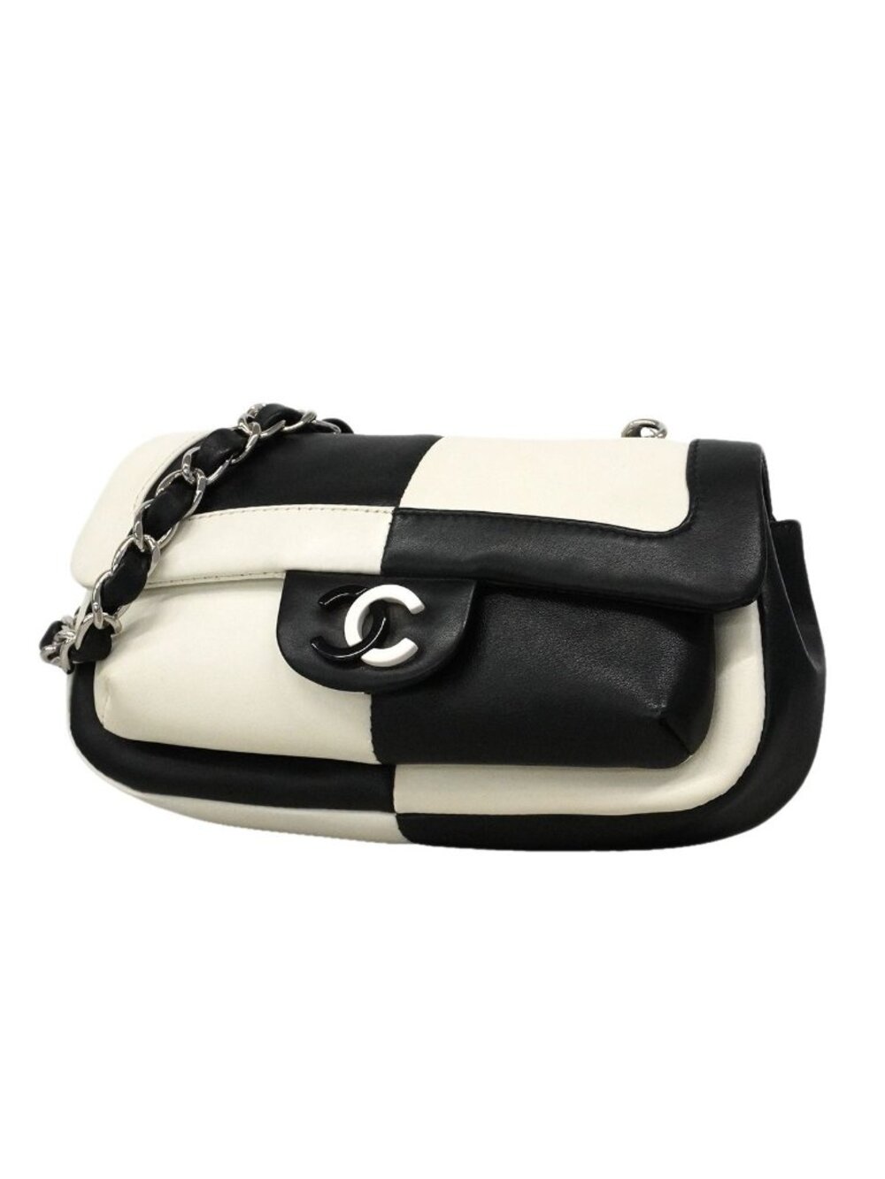 Chanel Shoulder Bag Bicolor Lambskin Black White Silver